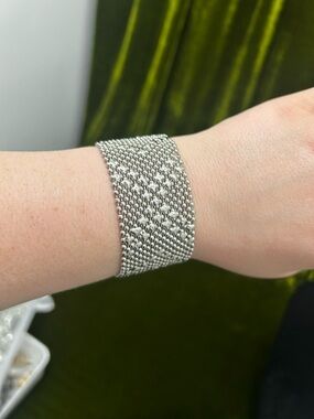 Silver Beaded Wide Cuff Bracelet - Women Jewelry 2 Sizes